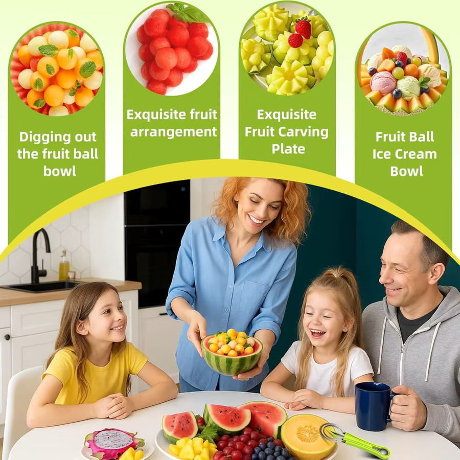 4-in-1 Melonen-Baller-Schaufel-Set aus Edelstahl in Grün mit Obstschneider und Formen - Bild 2