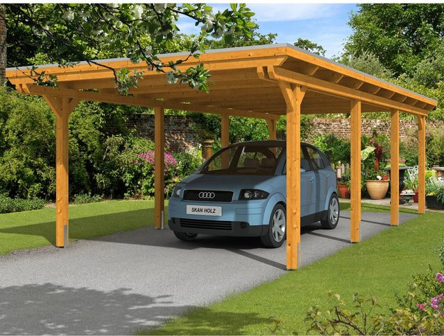 Skan Holz Carport Emsland in Eiche hell, B/T: 404 x 846 cm, Firsthöhe: 242 cm, farbbehandelt braun - Bild 1