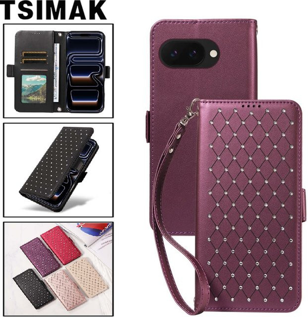 Tsimak Luxus Glitzer Diamant Handyhülle aus Leder mit Magnetfunktion und Kartenetui für Google Pixel 8 9 10 Pro XL 8A 9A in Lila - Bild 1