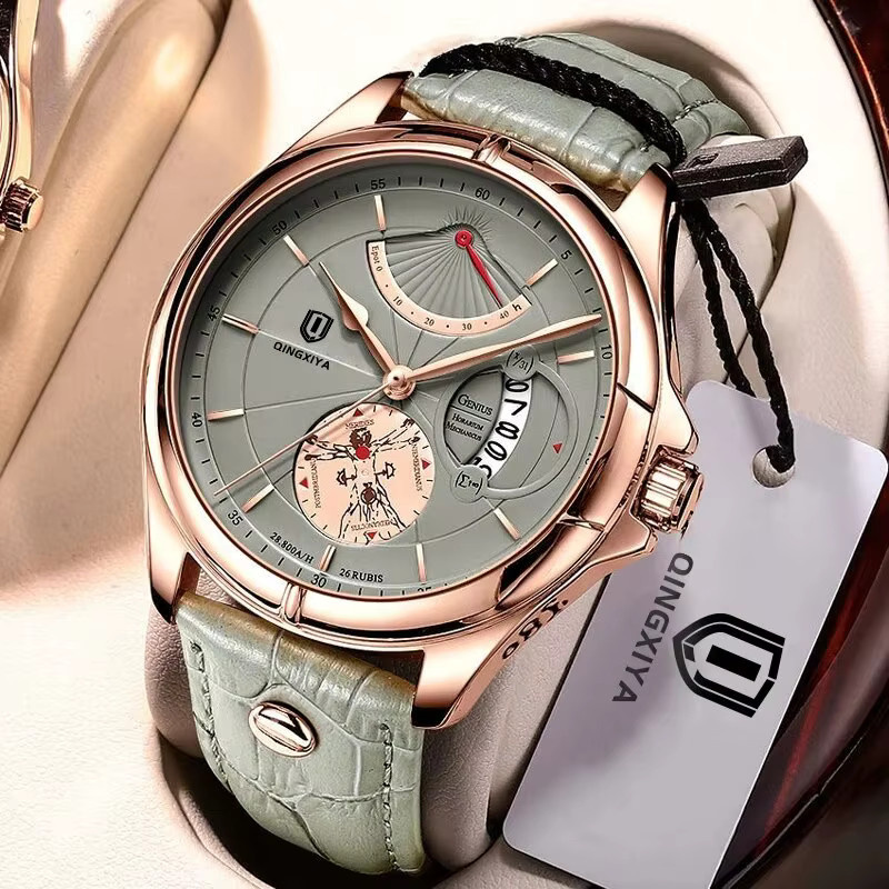 QINGXIYA Armbanduhr Leder, Quarz, Datum, Roségold, Herren - Bild 5