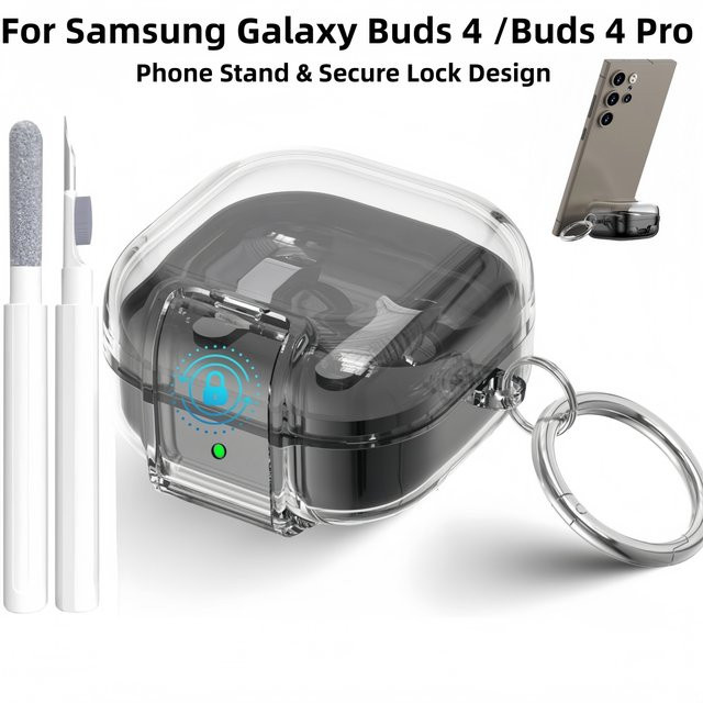 Schutzhülle für Samsung Galaxy Buds 4 Pro und Buds 4 in Transparent mit Telefonständer, Verschlussclip und Reinigungsset - Bild 1
