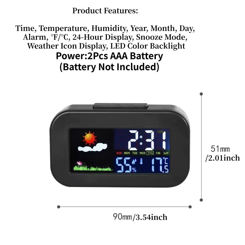 NieNie Digitaler Mini Wecker mit LED-Hintergrundbeleuchtung zur Anzeige von Temperatur und Luftfeuchtigkeit in Schwarz - Bild 2