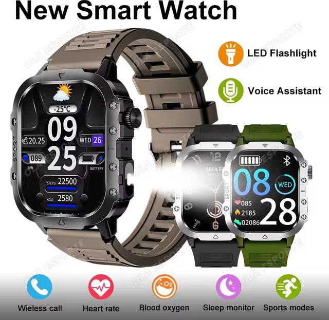 Ola Esporte Outdoor-Sport-Smartwatch mit 2,01 Zoll HD-Bildschirm, Bluetooth-Telefonie und LED-Taschenlampe in Braun - Bild 1