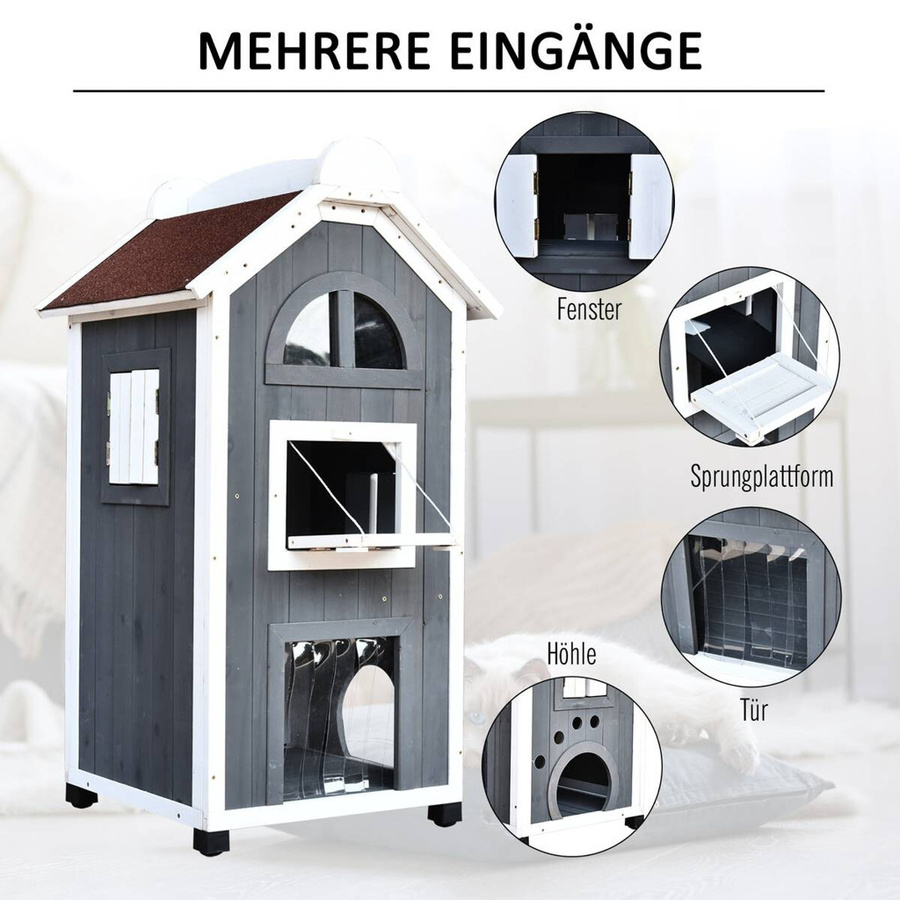 PawHut Katzenvilla aus Tannenholz in Grau mit wetterfestem Asphaltdach und Hängematte, B/T/H: 55 x 59 x 109 cm - Bild 3