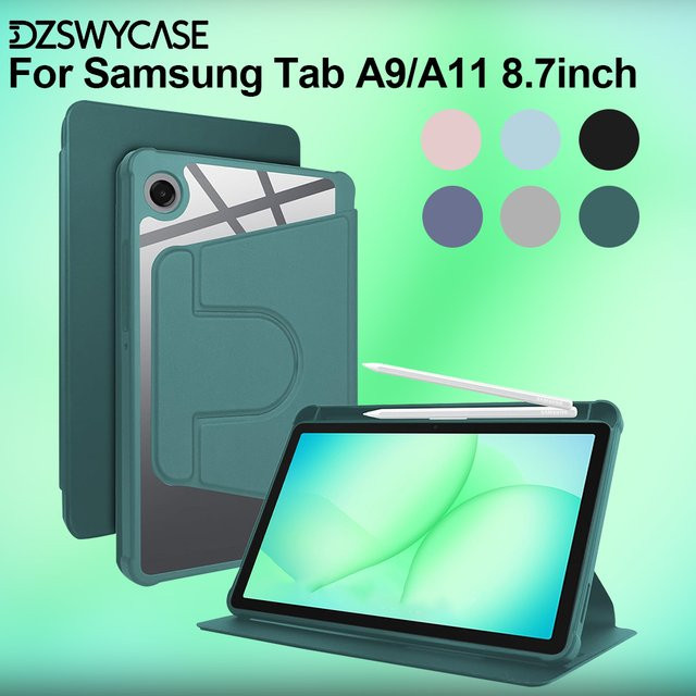 360 Grad drehbare Schutzhülle für Samsung Galaxy Tab A9 und A11 8,7 Zoll in Transparent Pink mit dreifach faltbarer Rückseite und Standfunktion sowie automatischer Schlaf- und Wachfunktion - Bild 1