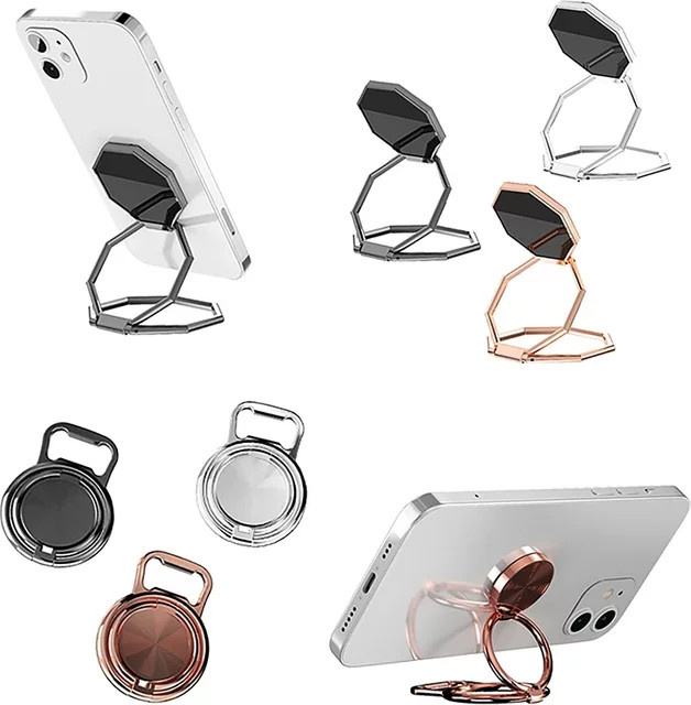 Universeller faltbarer Handyhalter aus Metall mit 360-Grad-Drehständer und Doppel-Fingerring in Silber - Bild 1