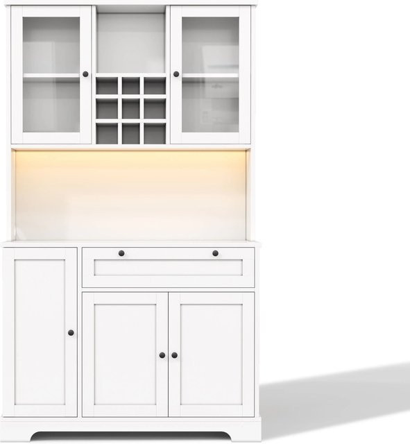 okwish Hochschrank für die Küche in Weiß mit LED-Beleuchtung, Glastüren und Einlegeböden, H x B x T: 180 x 105 x 40 cm - Bild 1