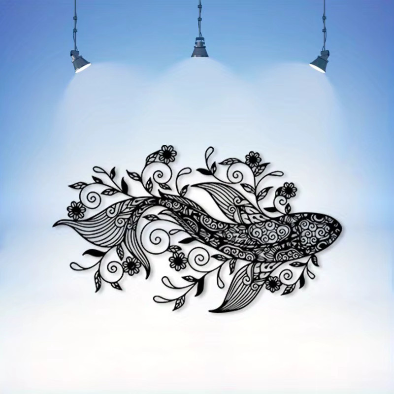 CIFBUY Vintage Koi-Fisch Mandala Wandkunst aus Metall in Schwarz als wetterfeste Skulptur im asiatischen Feng Shui Stil - Bild 2