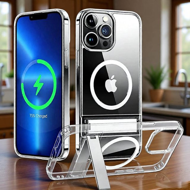 UYUXIO Kristallklare Handyhülle mit Ständer und magnetischer Rückseite für iPhone 17 Pro Max, 16, 15, 14, 13, 12 in Transparent - Bild 1