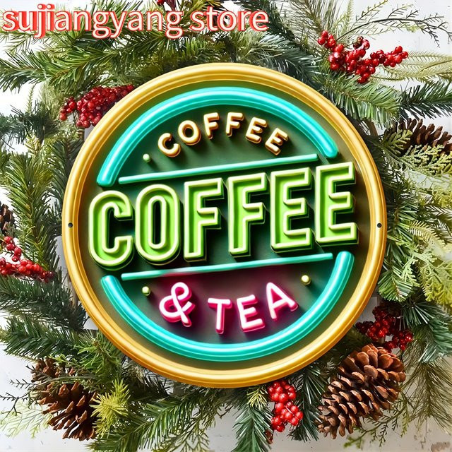 Potdemiel Vintage-Metallschild Coffee & Tea, runde Aluminium-Wanddekoration in Multicolour, Durchmesser: 20,32 cm - Bild 1