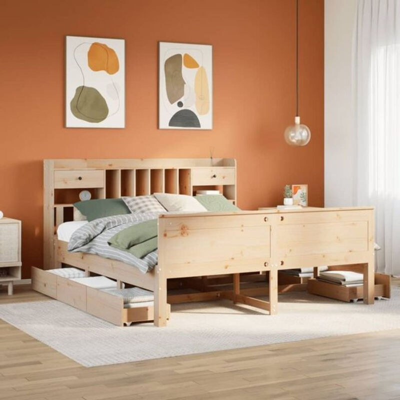 Massivholzbett mit Regal von Vidaxl aus Kiefernholz in Braun und Natur, Skandinavischer Stil, B/T/H: 180 x 200 x 110 cm - Bild 1