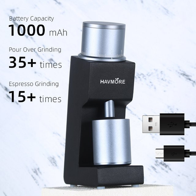 HAVMORE Tragbare Kaffeemühle mit CNC-konischen Mahlscheiben und externer Einstellung in Schwarz - Bild 1