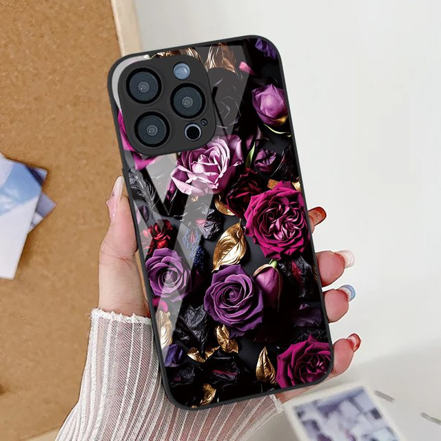 Stoßfeste Handyhülle mit Rose Flower Design und gehärtetem Glas für Apple iPhone Modelle in Schwarz und Multicolour - Bild 1