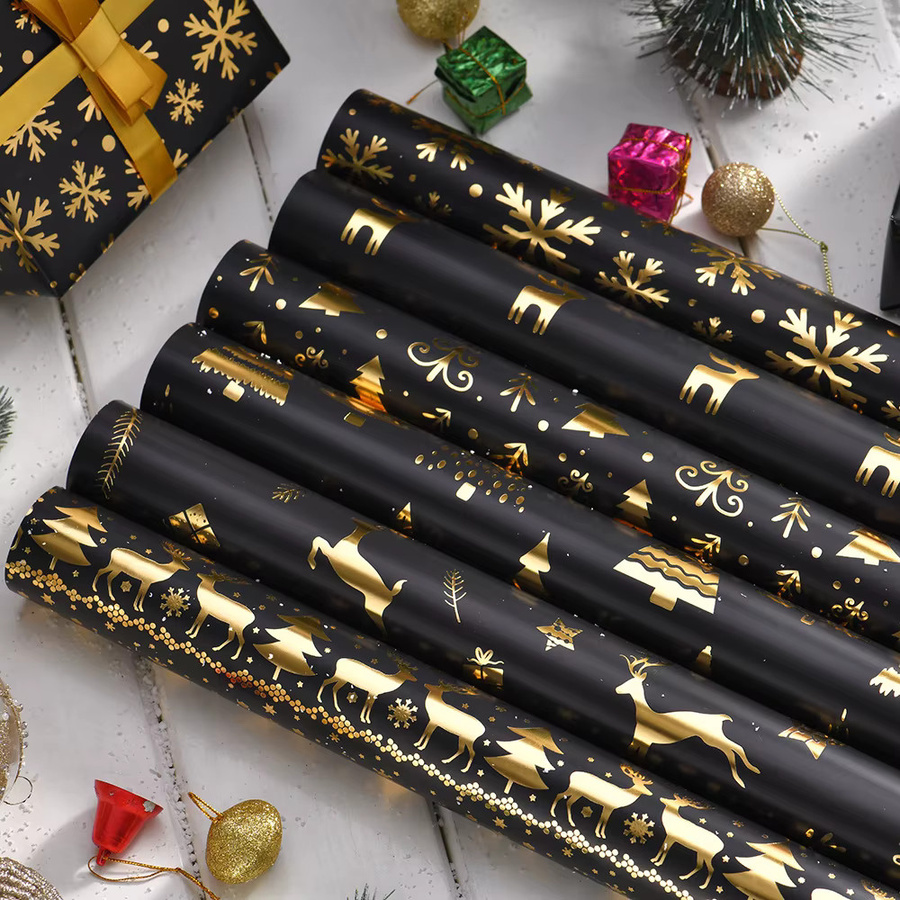 Schwarzgoldenes Weihnachtsgeschenkpapier mit Schneeflocken und Weihnachtsbaum, B/H: 50 x 70 cm - Bild 4