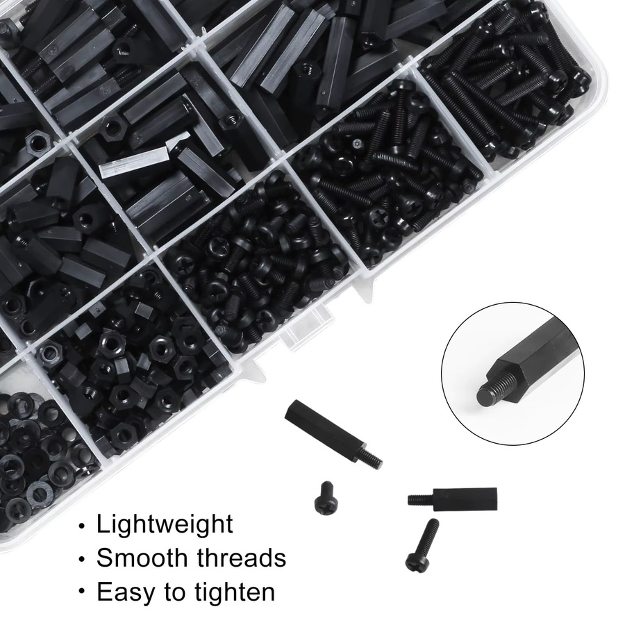 BOVILEVR 600-teiliges M3-Nylon-Abstandsbolzen-Set, männlich-weibliche Sechskant-Abstandshalter mit Schrauben und Muttern für die Leiterplattenmontage, Schwarz - Bild 3