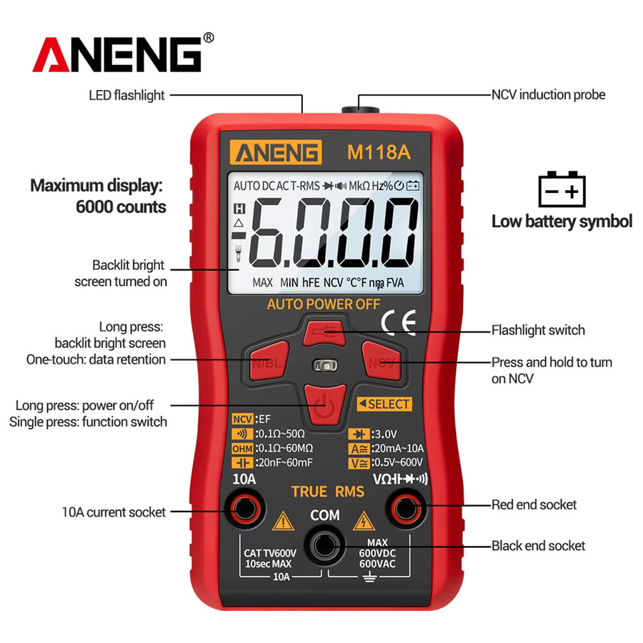 ANENG M118A Digital-Multimeter-Tester mit berührungsloser Induktion für AC/DC-Spannung, Strom und Kapazität, True RMS, Farbe: Rot - Bild 4
