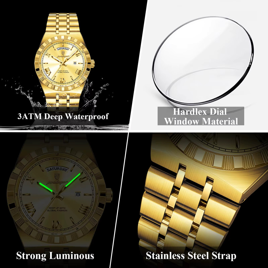 POEDAGAR Armbanduhr Quarz, Edelstahl, Gold, Silber, Herren - Bild 4
