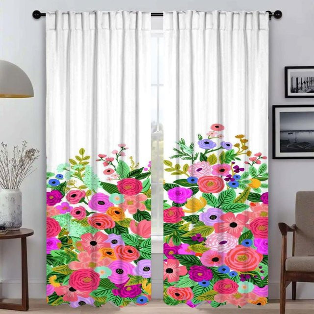 Zweiteiliges Tüll-Vorhangset mit floralem Blumenmuster in Multicolour für Wohnzimmer und Schlafzimmer, Breite: 50 cm, Höhe: 70 cm - Bild 1