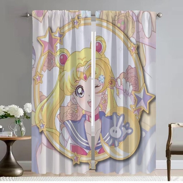 Mädchen mit Mond Küchenvorhänge Set aus 2 Stück, dekorative Tüll-Vorhänge für Wohnzimmer und Schlafzimmer, B: 50 cm, H: 70 cm - Bild 1
