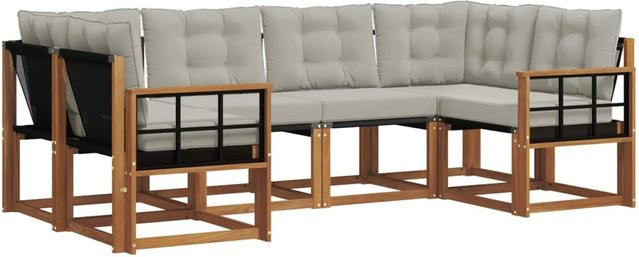 vidaXL Outdoor-Sofagarnitur 6-teilig L-Form aus Akazienholz und Textilene in Natur und Hellgrau mit UV-beständigen Kissen - Bild 1