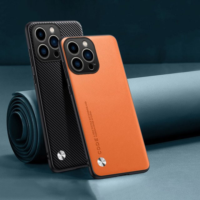 LYYDFUMAN Schutzhülle aus PU-Leder und Silikon für iPhone 16 15 14 13 12 11 Pro Max Plus Mini in Orange, stoßfeste Hard Bumper Abdeckung - Bild 1