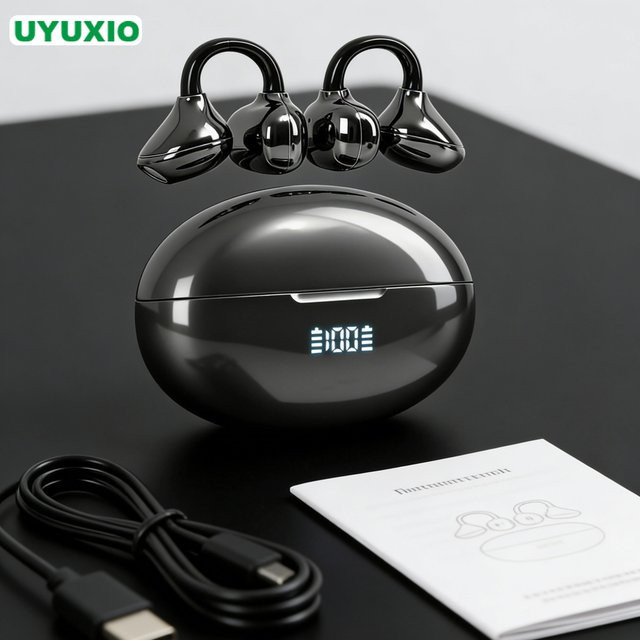 UYUXIO OWS Kabellose Open-Ear-Kopfhörer mit Ohrbügeln, IPX7 Wasserdicht, Bluetooth 5.4 Clip-On-Ohrhörer für Sport, Schwarz - Bild 1
