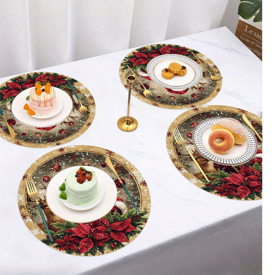 VIKAMA 4-teiliges Weihnachtsmann und Rentier Tischset aus Leinen mit Goldrand in Multicolour - Bild 2