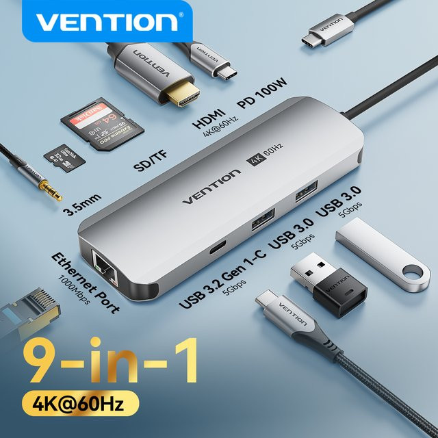 Vention 9-in-1 USB-C Dockingstation mit HDMI 4K UHD, RJ45, PD 100W, SD/TF und 3,5 mm Klinke für MacBook Pro, Xiaomi und Samsung - Bild 1