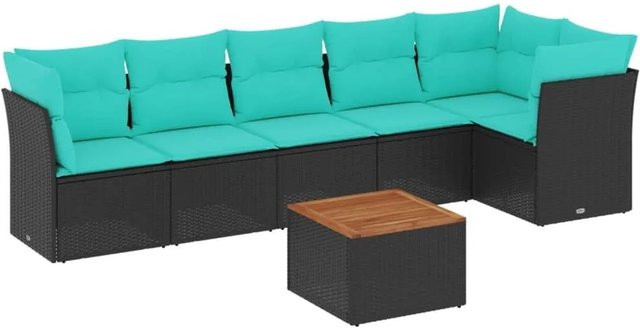 vidaXL 7-teilige Garten-Sofagarnitur aus Poly-Rattan und Akazienholz in Schwarz mit Kissen - Bild 1
