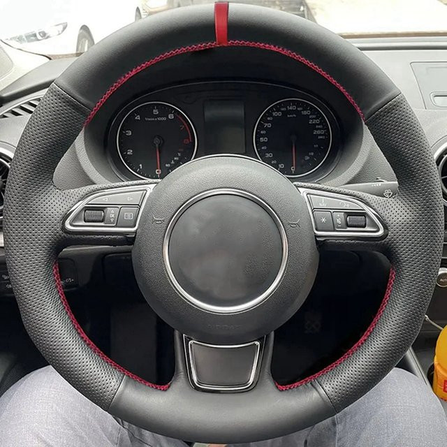 GKMHiR Anti-Slip Lenkradbezug aus perforierter Mikrofaser und Leder für Audi A1, A3, A4, A5, A6, A7, A8, Q3 und Q5 in Schwarz - Bild 1