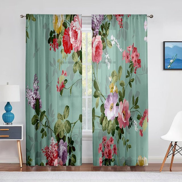 Transparenter Chiffon-Vorhang mit floralem Rosen-Blumendruck in Grün, B: 100 cm, H: 250 cm - Bild 1