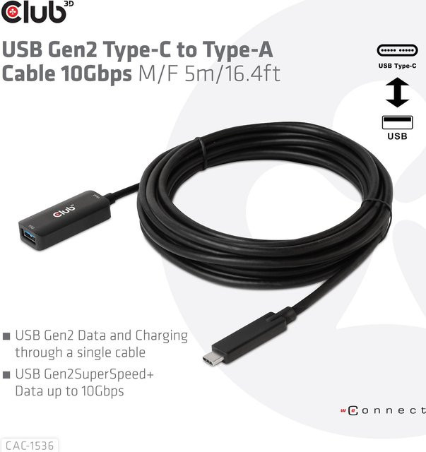 Club3D USB-Verlängerungskabel USB-C auf USB-A, USB 3.2 Gen2, Schwarz, 5 m - Bild 1
