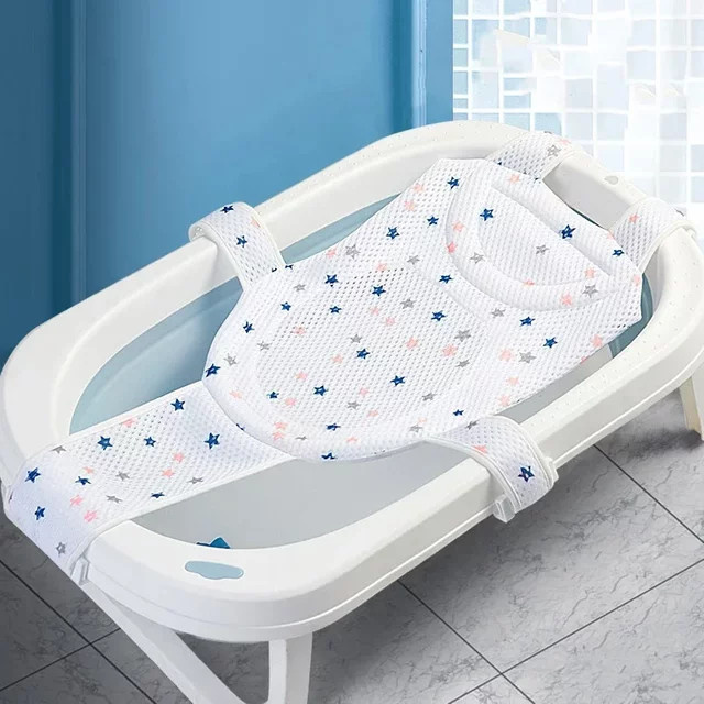 Verstellbares Baby Badewannen Netz in Grün und Weiß mit Anti-Rutsch Sitzkissen für Neugeborene - Bild 1
