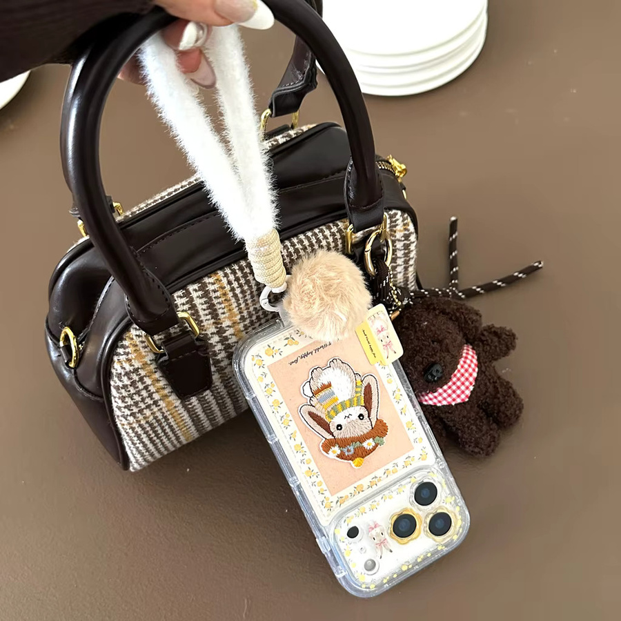Handyhülle mit Stickerei und Plüschball im Kaninchen-Design mit gelber Blume und Lanyard für iPhone 17, 16, 15 und 14 Pro Max, Gelb/Mehrfarbig - Bild 6