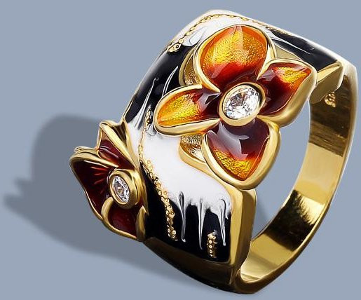 YIRAN Jewelry Emaille-Ring, orangefarbene Blume, 925 Silber, Damen - Bild 1