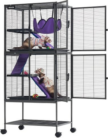 VEVOR Kleintierkäfig aus Metall, 4-stöckiges Kleintiergehege für Frettchen, Chinchillas, Gleithörnchen, Meerschweinchen und Kaninchen, H x B x T: 138 x 61 x 44 cm, Schwarz/Silber