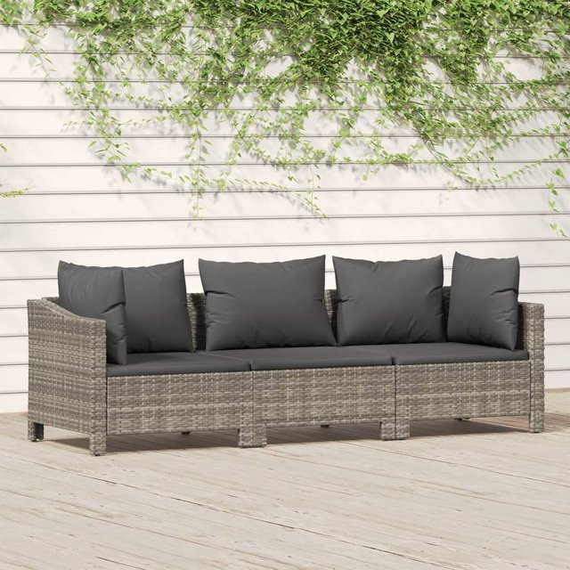 vidaXL 3-tlg. Garten-Lounge-Set in L-Form aus grauem PE-Rattan mit Polsterkissen und pulverbeschichtetem Stahlgestell - Bild 3