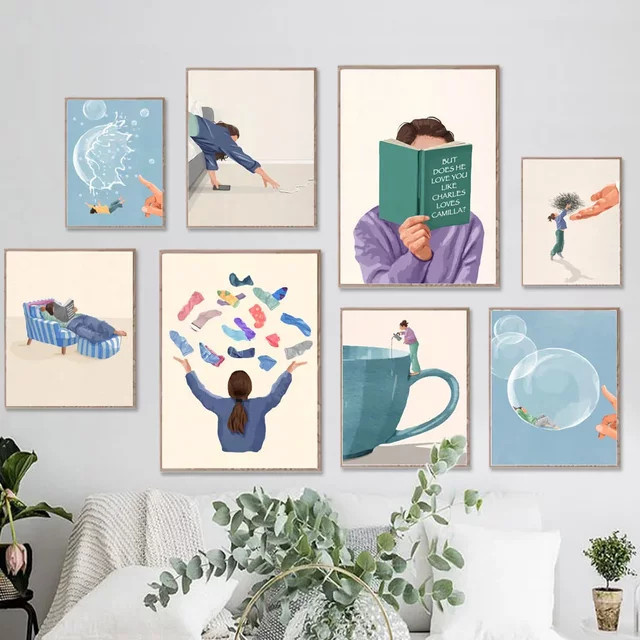 Potdemiel Abstrakte Wandkunst Leinwanddruck Mädchen mit Buch und Ballon in Mehrfarbig - Bild 1