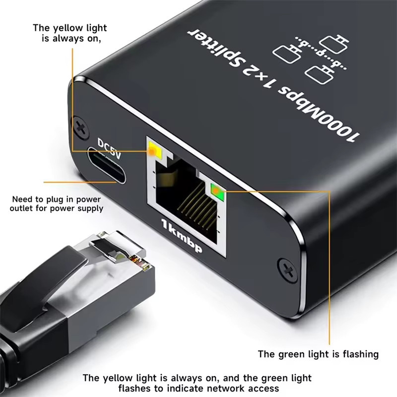 OUIO Gigabit 1000Mbps Ethernet Netzwerk Splitter 1 auf 2 LAN Adapter in Schwarz - Bild 4