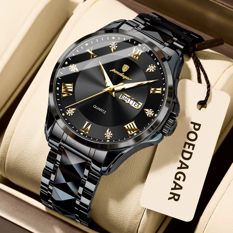 POEDAGAR Armbanduhr Edelstahl, Quarz, Schwarz, Herren - Bild 2