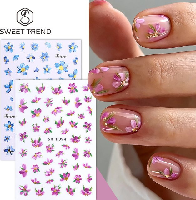 SWEET TREND Blumenaufkleber für Nägel, Pink Blue Painting, 2 Stück - Bild 1
