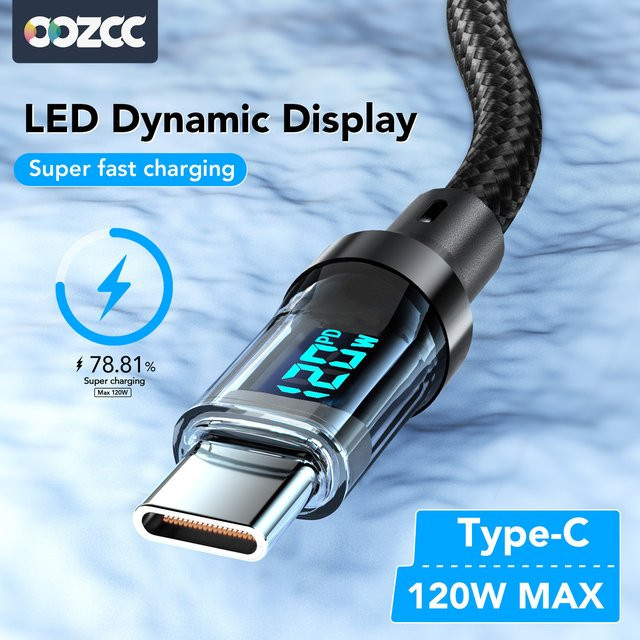 Oozcc USB-A auf Typ-C Schnellladekabel mit LCD-Dynamikdisplay, 120W 6A PD-Ladekabel aus Nylon, Schwarz - Bild 1