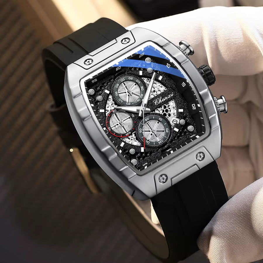 CHENXI Armbanduhr Tonneau, Chronograph, Quarz, Edelstahl, Silikon, Herren - Bild 2