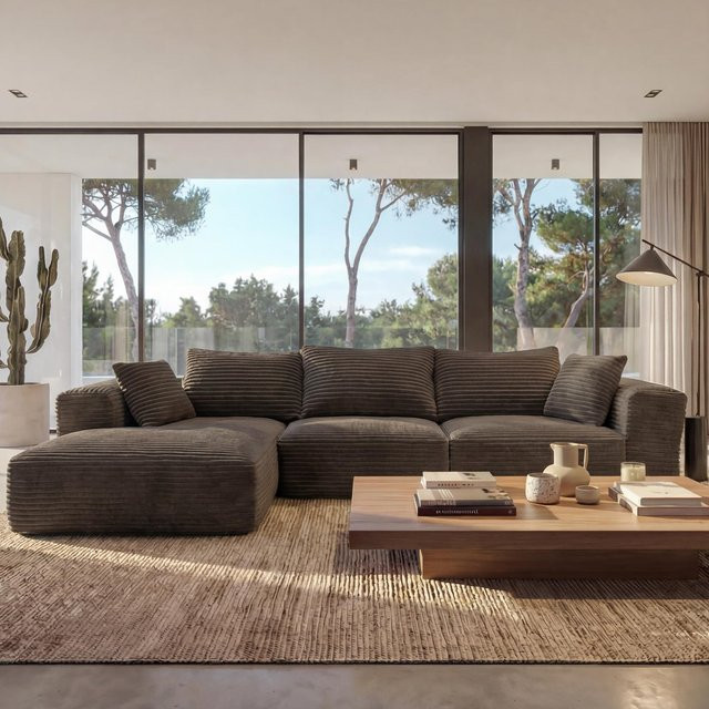 Sofa-Garnitur MCW-P20 Loungesofa als 3-Sitzer in L-Form mit Cord-Bezug, Farbe Braun - Bild 1