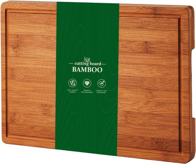 HiMISS Charcuterie Bambus-Schneidebrett mit Saftrille und Griffen, Braun, B: 40 cm, T: 28 cm - Bild 1