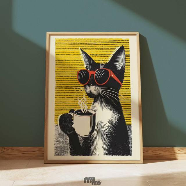 Vintage Pop-Art Poster von SHENCHEN mit lustiger Katze in roter Sonnenbrille, Wandkunst aus mattem Papier in Multicolor - Bild 1
