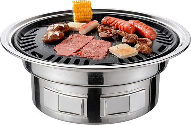 Multifunktionaler 13-Zoll Koreanischer BBQ-Holzkohlegrill in Silber als runder Campinggrill und Tisch-Räucherofen mit Grillnetz - Bild 1