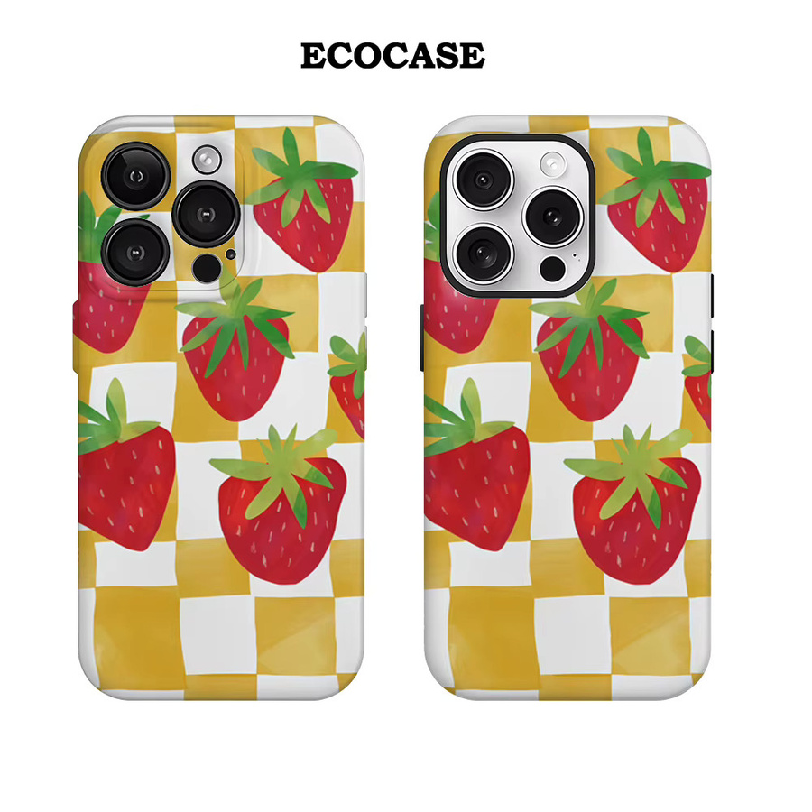 Handyhülle Erdbeeren Yellow Checker für Apple iPhone 17 16 15 14 13 12 11 Pro Max Plus mit doppelschichtiger Rückseite in Gelb - Bild 2