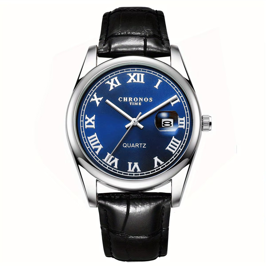 CHRONOS Armbanduhr Herren, Quarz, Edelstahl, Leder, Blau, Datum - Bild 3
