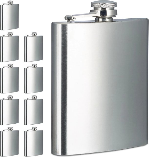 Relaxdays Flachmann 10er Set aus Edelstahl in Silber mit Schraubdeckel, 200 ml pro Stück, B/H/T: 12,5 x 9,5 x 2 cm - Bild 1